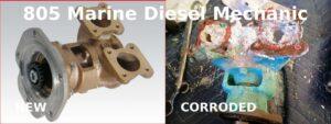 New vs corroded marine diesel raw water pump showing severe internal damage causing overheating at idle serviced by 805 Marine Diesel Mechanic Ventura California