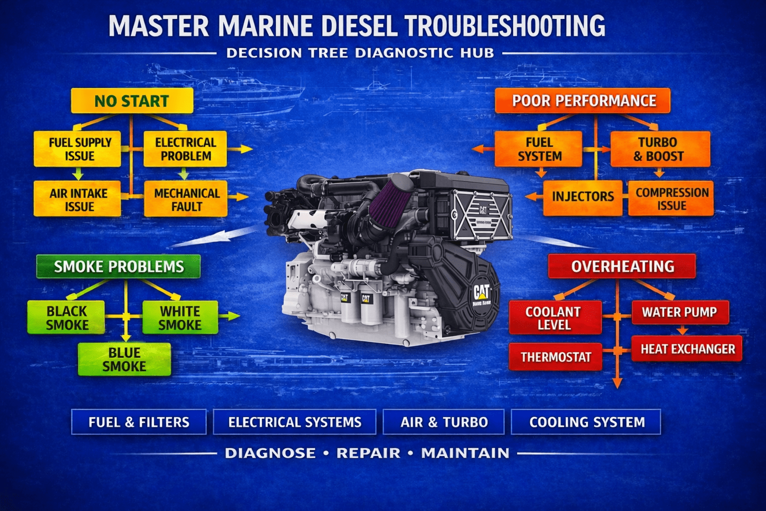 Interactive marine diesel troubleshooting diagram showing no start, poor performance, smoke problems, overheating, fuel and filters, electrical systems, air and turbo, and cooling system diagnostic paths