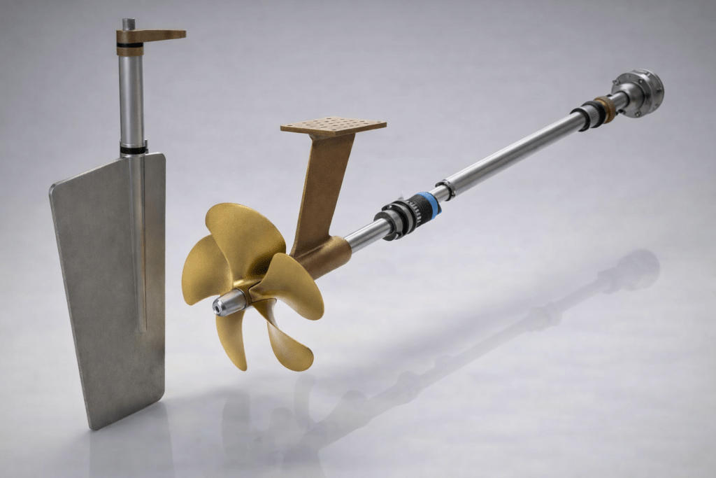 Marine propeller shaft alignment system with strut, cutlass bearing, and propeller assembly diagnosed by trained technician at 805 Marine Diesel Mechanic Ventura Channel Islands Harbor Santa Barbara