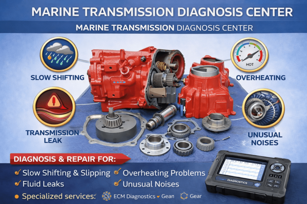 Marine transmission diagnosis center hero image showing red marine gearbox components, internal gears, leak, overheating, slow shifting, and unusual noise diagnostics by trained technician at 805 Marine Diesel Mechanic Ventura Channel Islands Harbor Santa Barbara