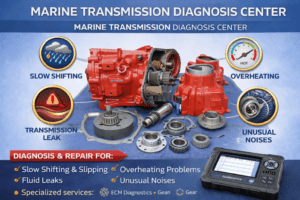 Marine transmission diagnosis center hero image showing red marine gearbox components, internal gears, leak, overheating, slow shifting, and unusual noise diagnostics by trained technician at 805 Marine Diesel Mechanic Ventura Channel Islands Harbor Santa Barbara