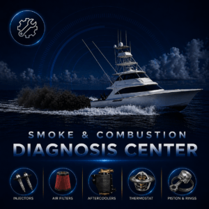 Marine diesel smoke and combustion diagnostics including black white and blue smoke causes, injector problems, and air fuel imbalance in Ventura California