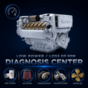 Marine diesel engine low power and RPM loss diagnostics including turbo boost issues, fuel restriction, and propeller overload in Ventura California