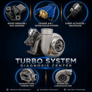 Marine diesel turbocharger system diagnostics including low boost pressure, turbo lag, oil leaks, bearing failure, and air intake restriction in Ventura California