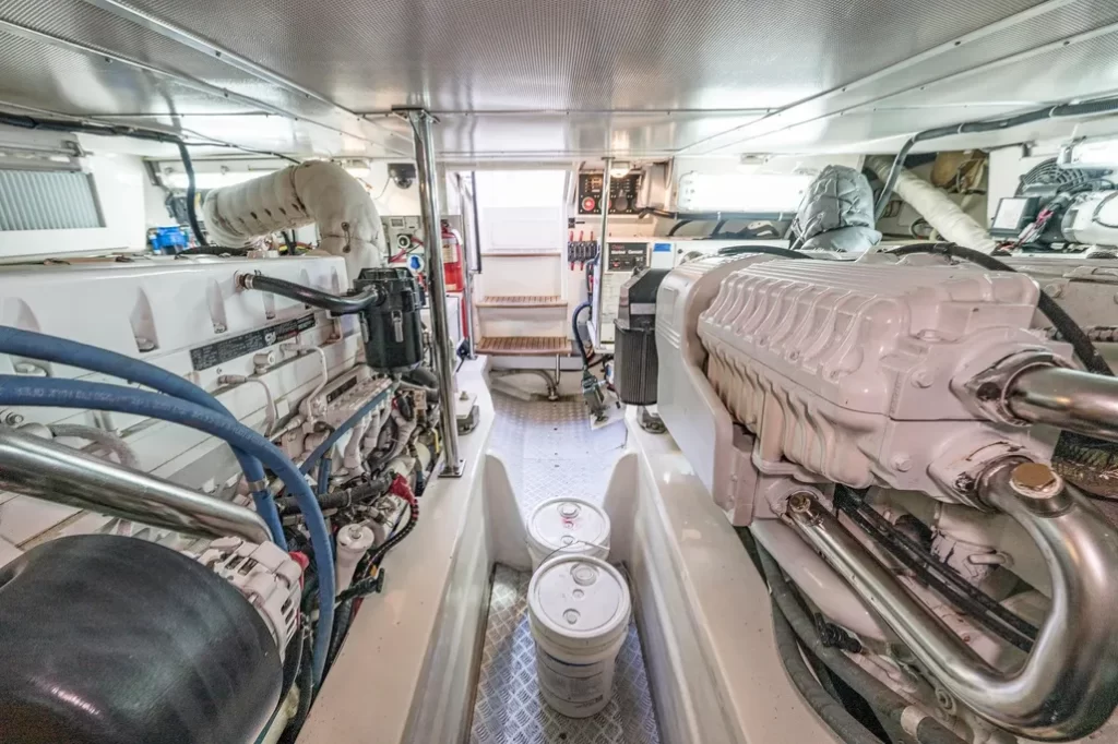 Twin Cummins marine diesel engines in luxury yacht engine room during marine engine survey in Ventura Harbor Channel Islands Harbor Oxnard Santa Barbara and Marina del Rey