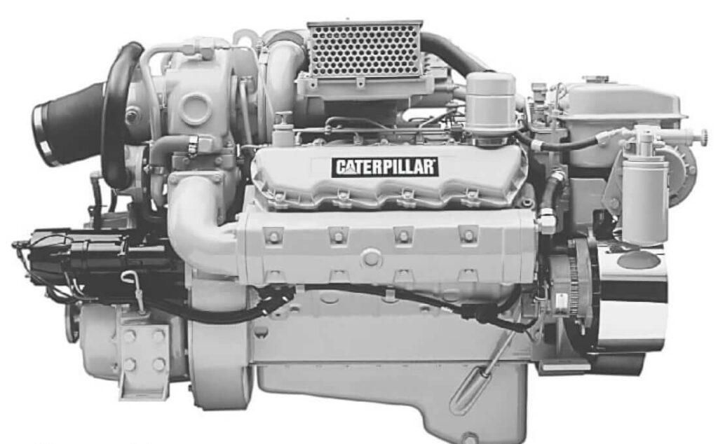Caterpillar 3208 marine diesel engine survey aboard sportfishing yacht during pre-purchase inspection and sea trial evaluation