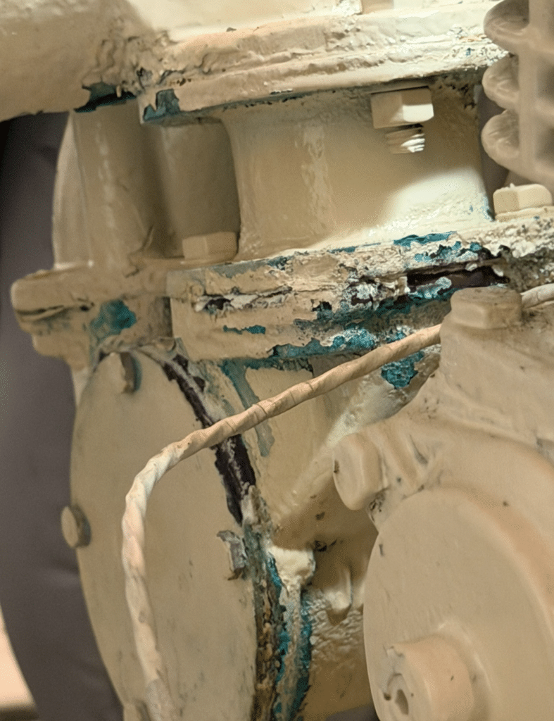 Detroit Diesel 12V71TI seawater pump showing seal leakage during Hatteras Lady T survey