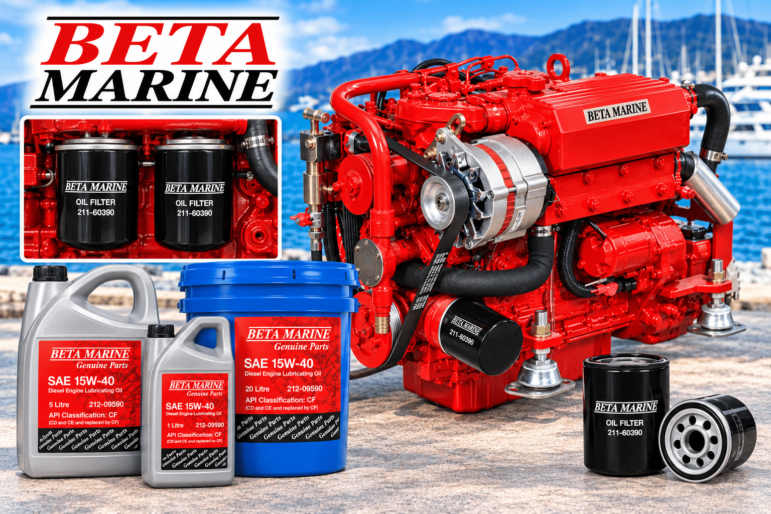 Beta Marine diesel engine with genuine Beta Marine oil filters and maintenance parts