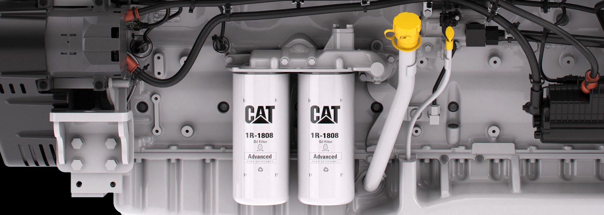 Caterpillar Advanced white marine engine oil filters installed on CAT marine diesel engine