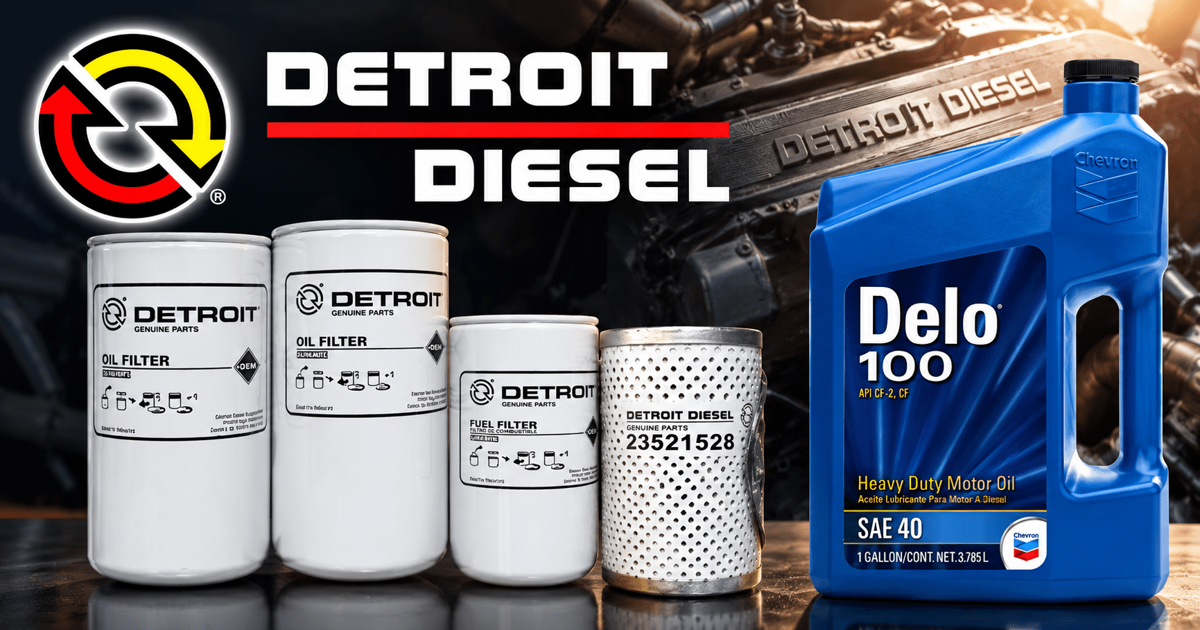 Detroit Diesel marine engine filters and Chevron Delo diesel engine oil maintenance display