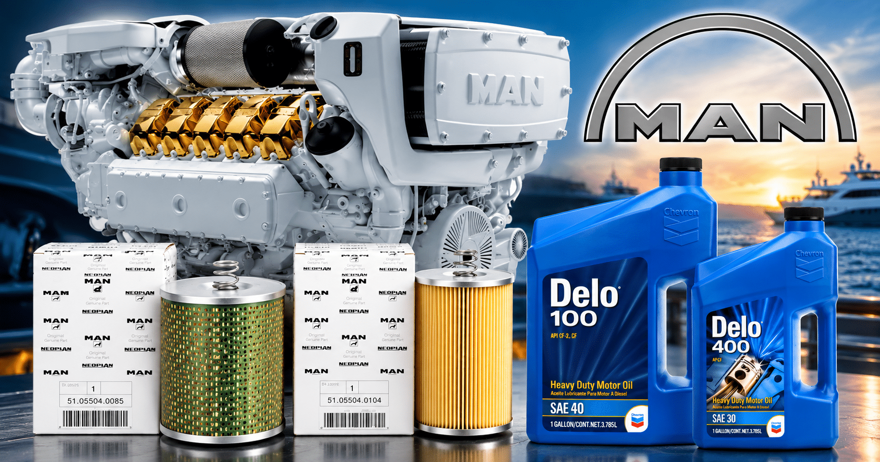 Additional MAN marine diesel engine maintenance showcase featuring marine service and lubrication products