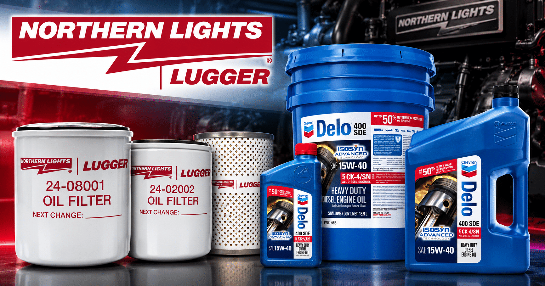 Northern Lights and Chevron Delo marine diesel engine maintenance products for Lugger and related marine engine care