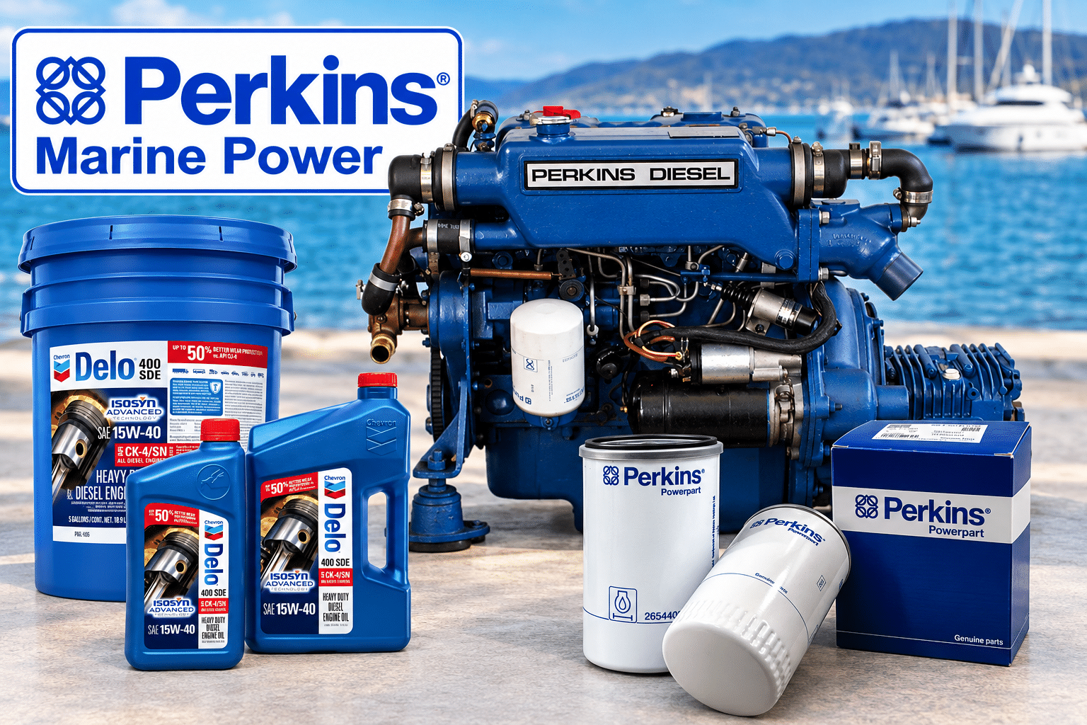Perkins marine diesel engine with marine oil and maintenance filters